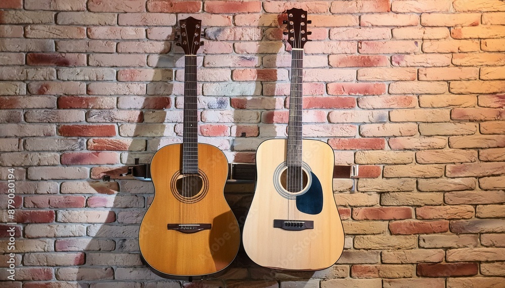 Naklejka premium Two acoustic guitars, a brown and a black one, rest against a white brick wall, bathed in warm studio light.