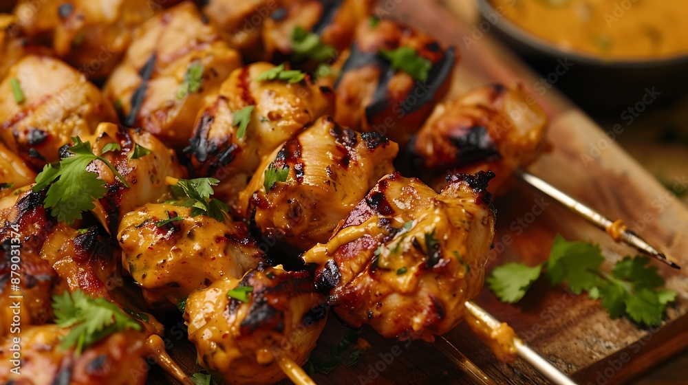 Succulent Grilled Thai Satay with Peanut Sauce - Close-Up Food Photography Succulent Grilled Thai Satay with Peanut Sauce - Close-Up Food Photography