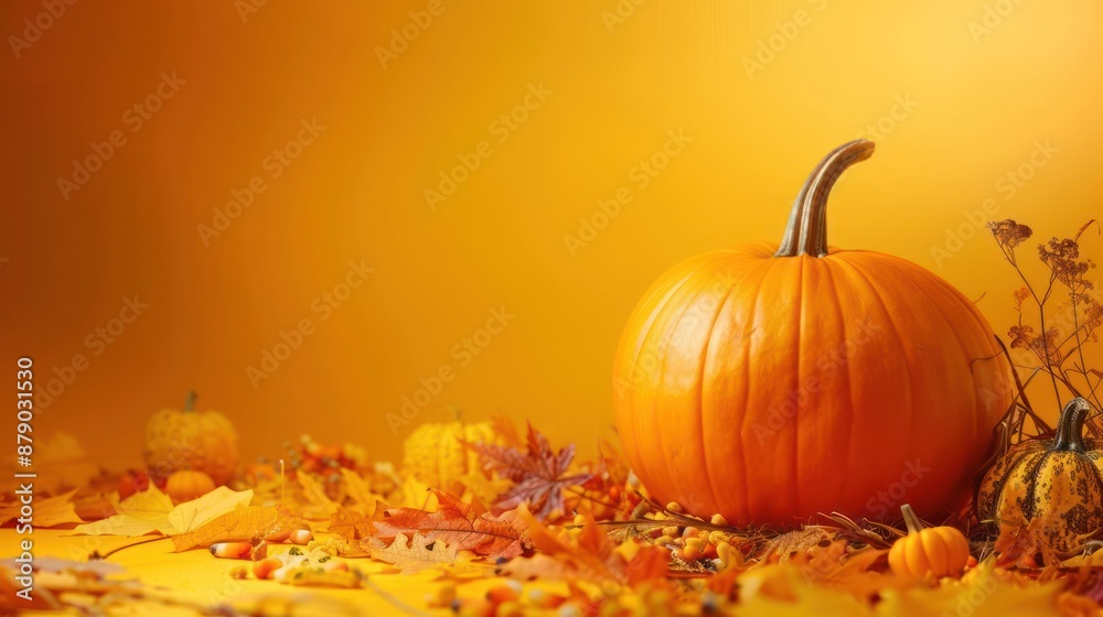 Naklejka premium A Beautiful Pumpkin Amidst Falling Leaves - The Quintessence of Autumn