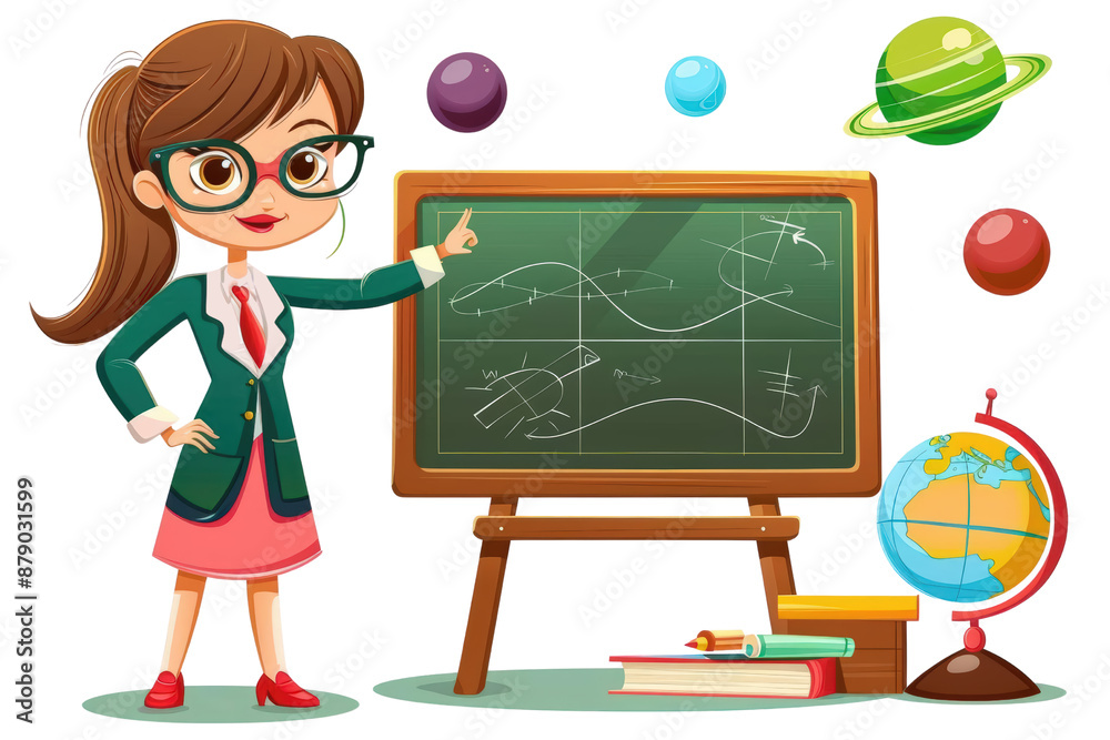 Illustration of a teacher pointing at a chalkboard with planetary objects and books around, representing education and astronomy concepts isolated on white or transparent png background. Illustration of a teacher pointing at a chalkboard with planetary objects and books around, representing education and astronomy concepts isolated on white or transparent png background.