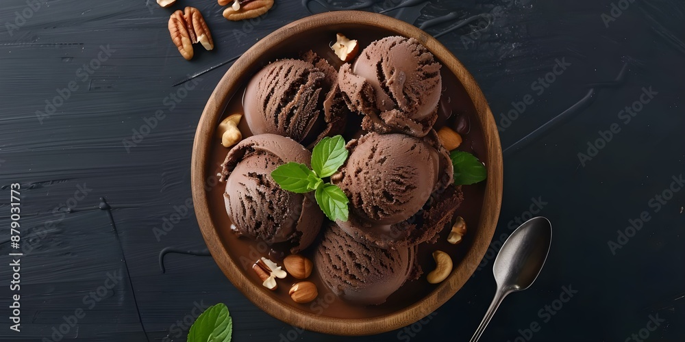 Delicious chocolate ice cream topped with nuts in a wooden bowl viewed from above. Concept Food Photography, Dessert Presentation, Decadent Treats, Nutty Indulgence, Sweet Cravings Delicious chocolate ice cream topped with nuts in a wooden bowl viewed from above. Concept Food Photography, Dessert Presentation, Decadent Treats, Nutty Indulgence, Sweet Cravings