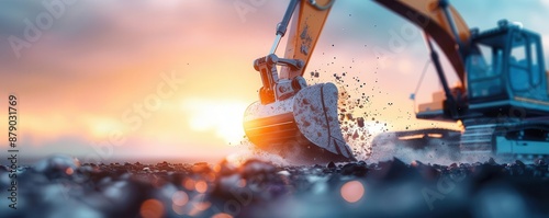 Equipment and machinery at a construction site against a picturesque sunset sky photo