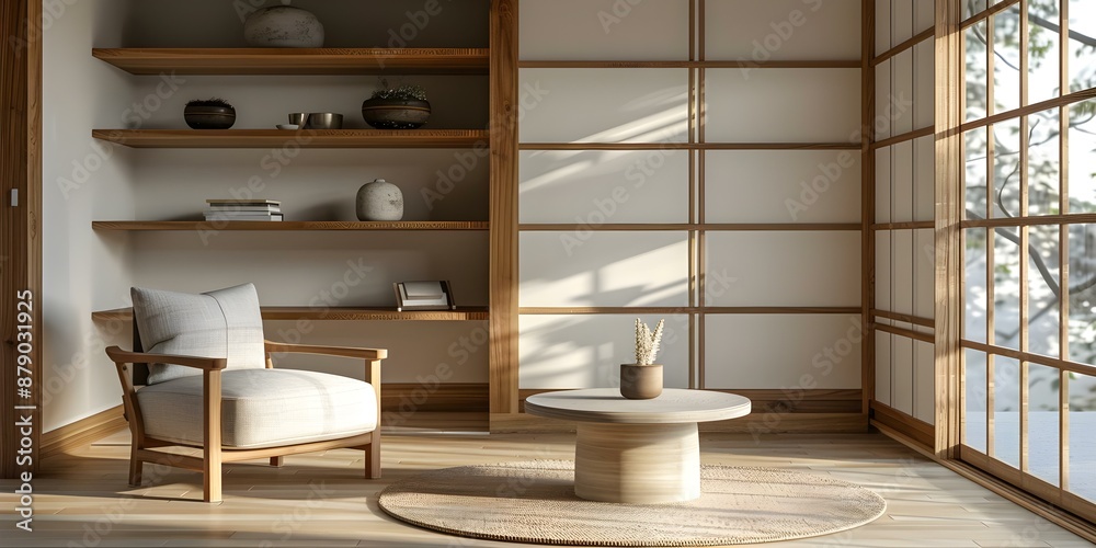 Fototapeta premium Creating a Simple Japandi Living Room with Wooden Shelves, Armchair, and Coffee Table. Concept Japandi Style, Cozy Armchair, Wooden Shelves, Coffee Table, Minimalist Decor