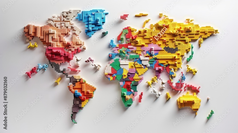 Obraz premium A world map made entirely of bricks, with each country built in different colors
