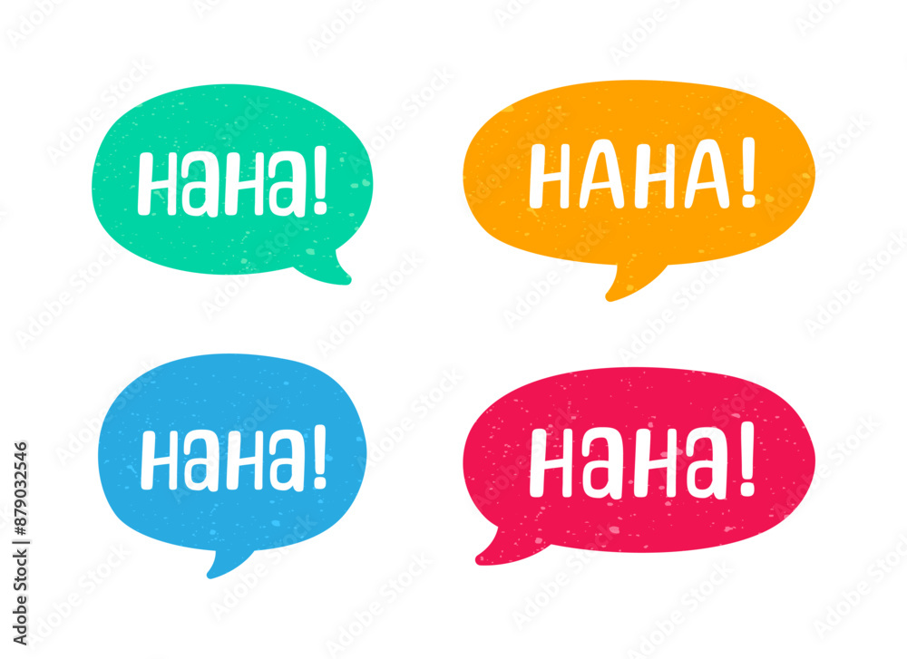 Haha laughing speech bubble sound effect different shapes collection. Cute speech balloon text lettering set vector illustration. Haha laughing speech bubble sound effect different shapes collection. Cute speech balloon text lettering set vector illustration.