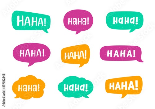 Haha laughing speech bubble sound effect different shapes collection. Cute speech balloon text lettering set vector illustration.