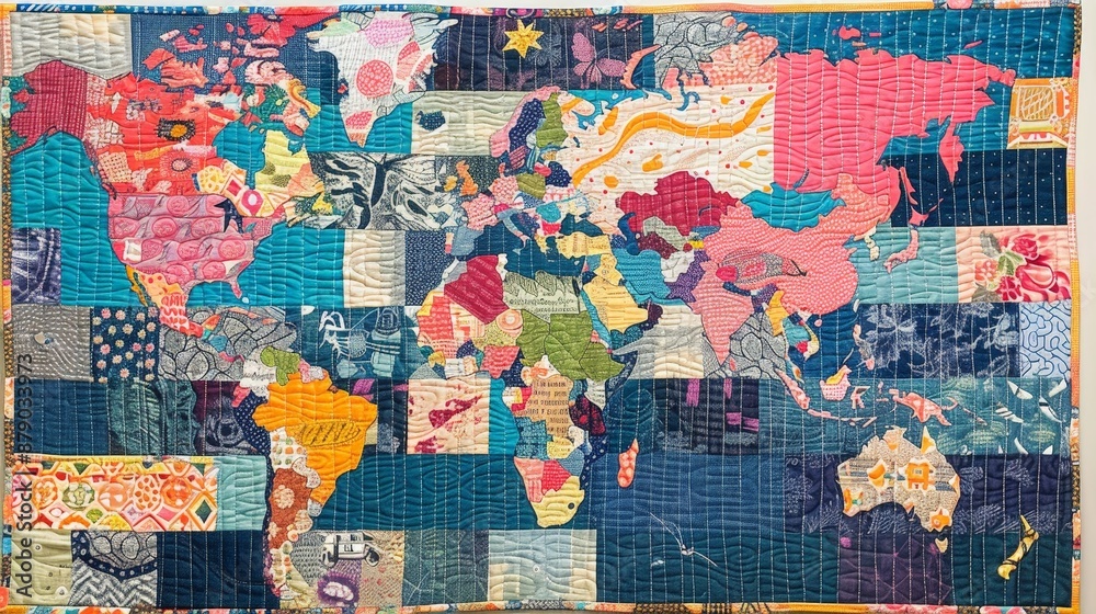 Fototapeta premium A world map quilt, with each patch representing a different country and its unique cultural patterns