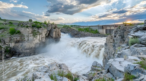 GREAT FALLS, MT., USA - The Great Falls of the Missouri River in Great Falls, Montana and hydroelectric plant and Ryan Dam 