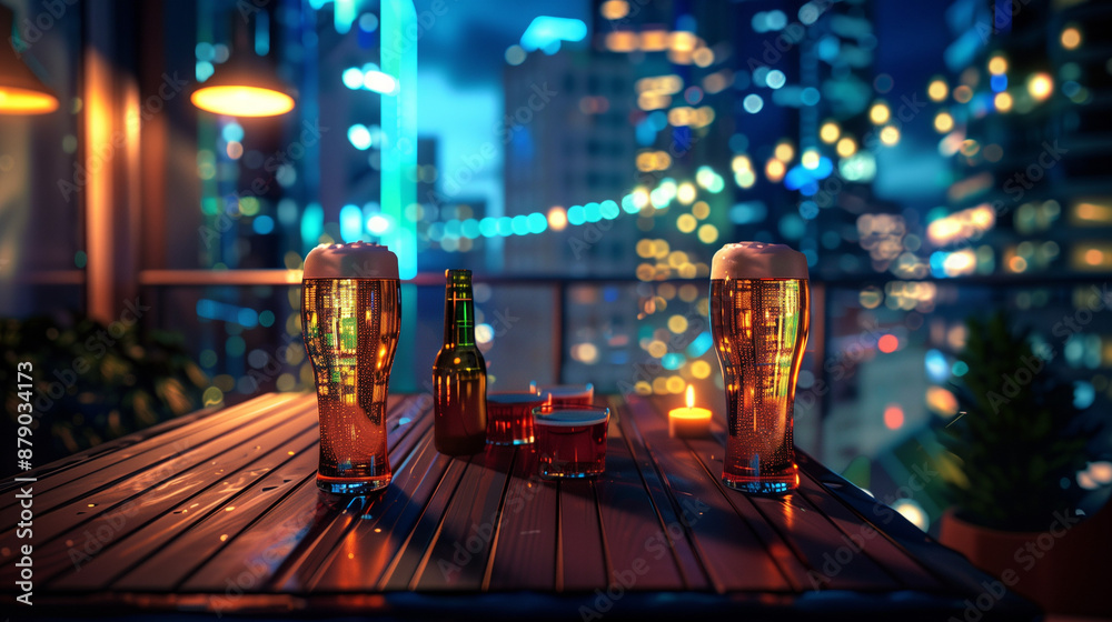 Fototapeta premium 夕闇の中のお酒の並んだテーブル