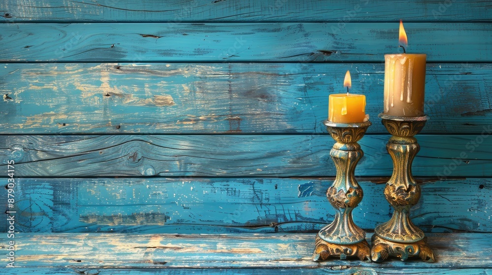 Antique candle holders on blue wooden surface with space for text Antique candle holders on blue wooden surface with space for text
