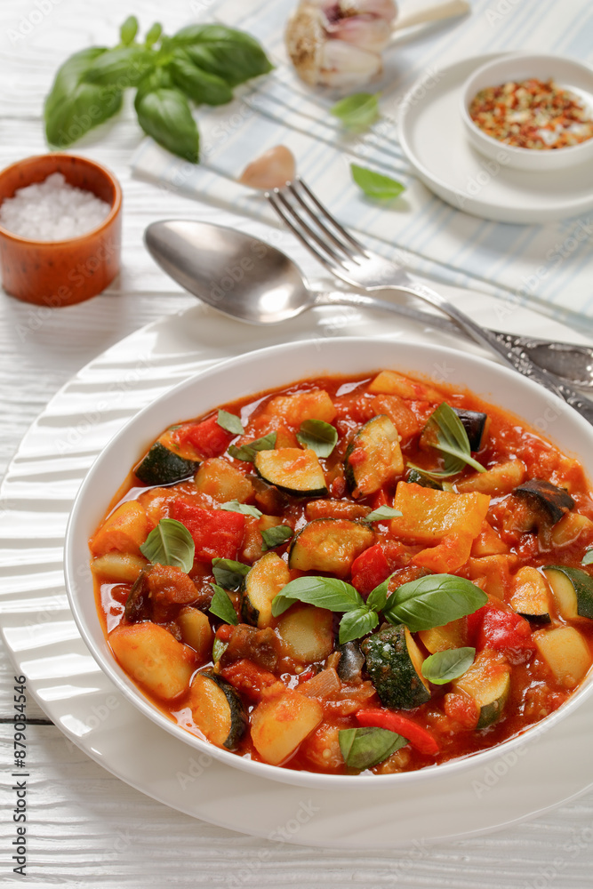 hearty italian vegetable stew in bowl, top view hearty italian vegetable stew in bowl, top view