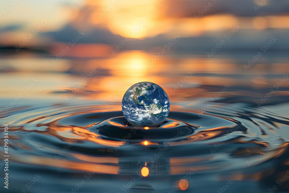 Water droplet containing the Earth, suspended above a calm water ...
