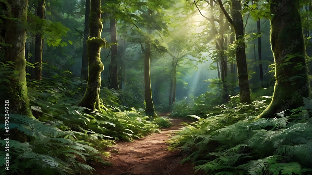 Fototapeta premium Serene Nature Forest Path with Lush Greenery and Dappled Sunlight