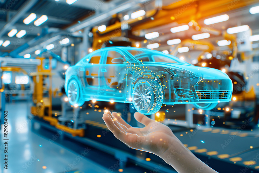 A hand holding a holographic futuristic car in an advanced automotive manufacturing facility, showcasing digital innovation, technology, and modern design in the automotive industry A hand holding a holographic futuristic car in an advanced automotive manufacturing facility, showcasing digital innovation, technology, and modern design in the automotive industry