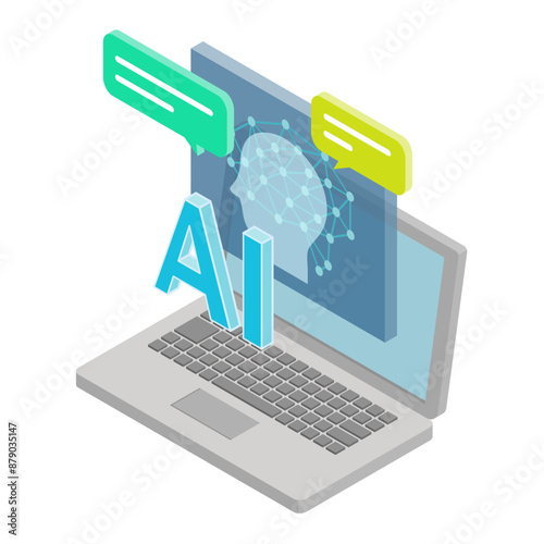 アイソメトリックイラスト；ノートパソコンとAI