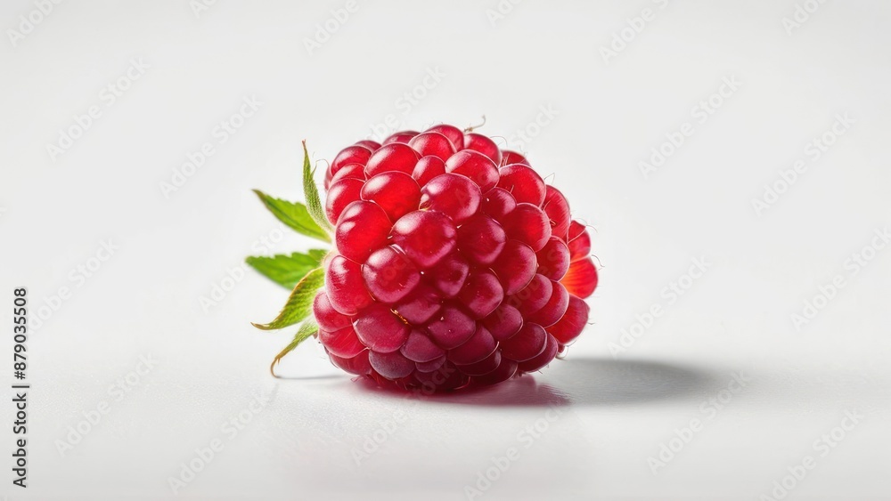 A Ripe Red Strawberry with Seeds and Attached Green Leaf on White Table A Ripe Red Strawberry with Seeds and Attached Green Leaf on White Table