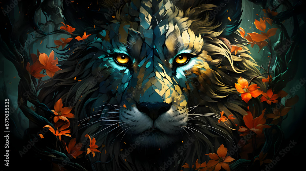 Majestic Lion Illustration with Orange Flowers Majestic Lion Illustration with Orange Flowers