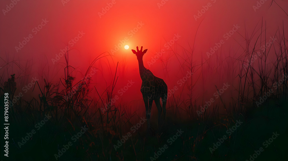 Giraffe Silhouette in Red Sunset Photo Giraffe Silhouette in Red Sunset Photo