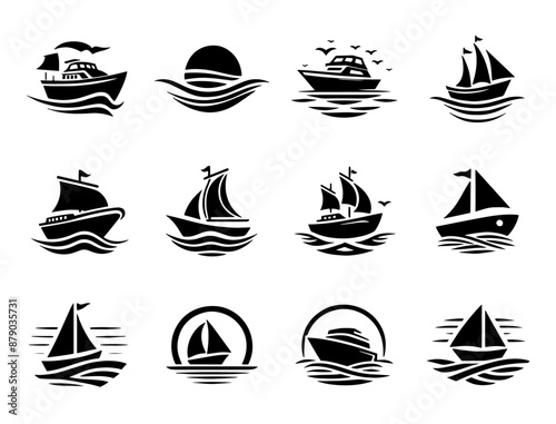 A collection of boat icons. including sailboats. yachts and speedboats