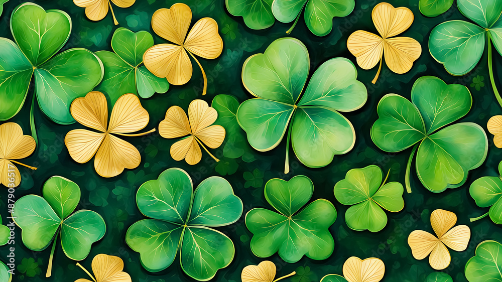 Seamless Pattern of Green and Gold Shamrocks, St. Patrick's Day Illustration, Festive and Decorative Seamless Pattern of Green and Gold Shamrocks, St. Patrick's Day Illustration, Festive and Decorative