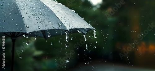 Close up view of an umbrella and raindrops falling and dripping from it during a monsoon season