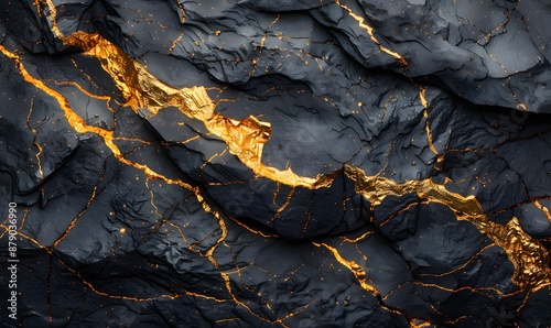 black rock with intricate gold veins running through it. the natural beauty and contrast of the gold against the dark background of the rock