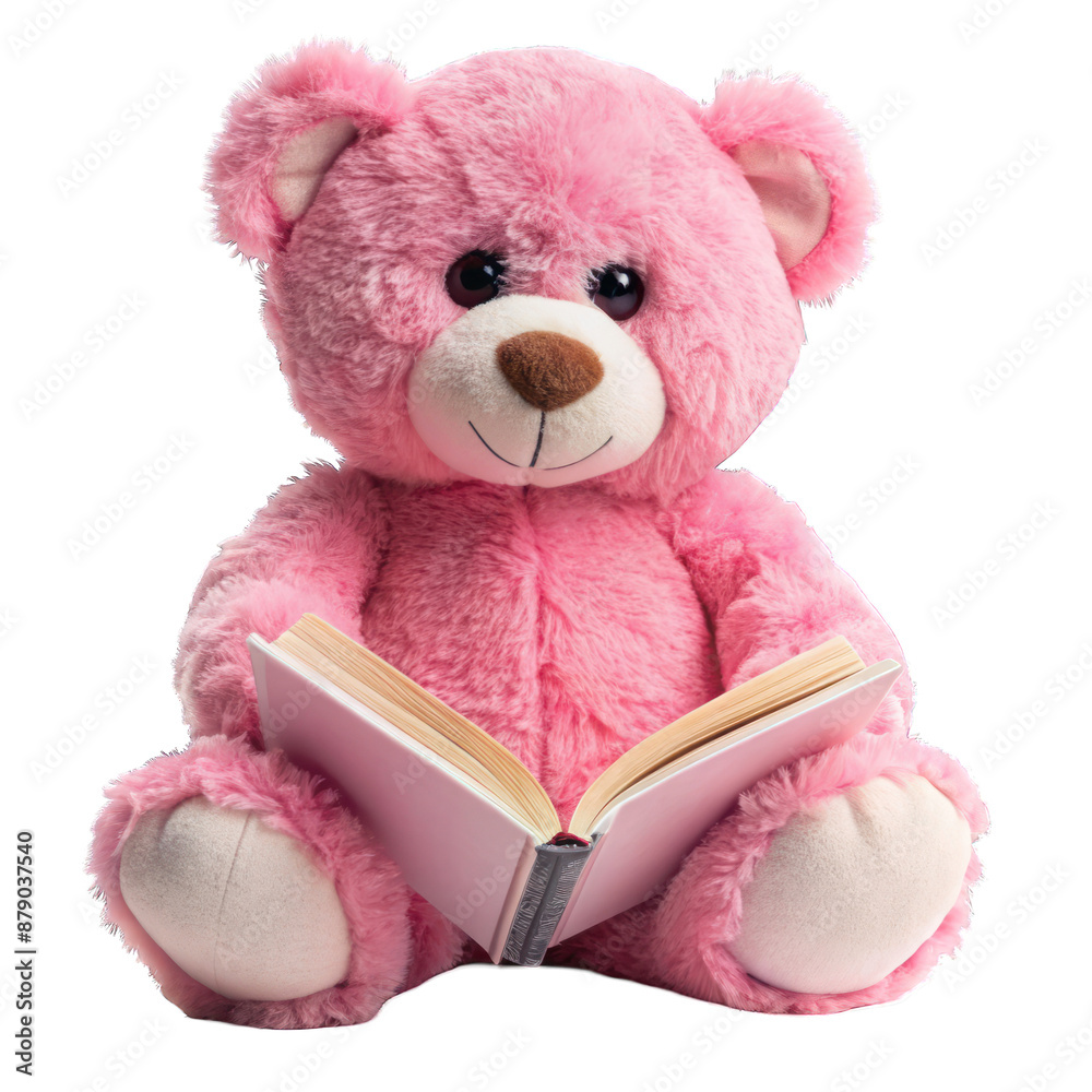 Pink plush teddy bear with a book isolated on transparent background Pink plush teddy bear with a book isolated on transparent background