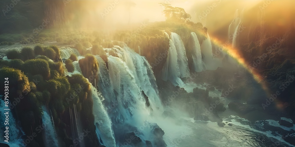 Aerial Perspective of Iguazu Falls with Rainbows, Mist, and Cascading Waterfalls. Concept Aerial Perspective, Iguazu Falls, Rainbows, Mist, Cascading Waterfalls