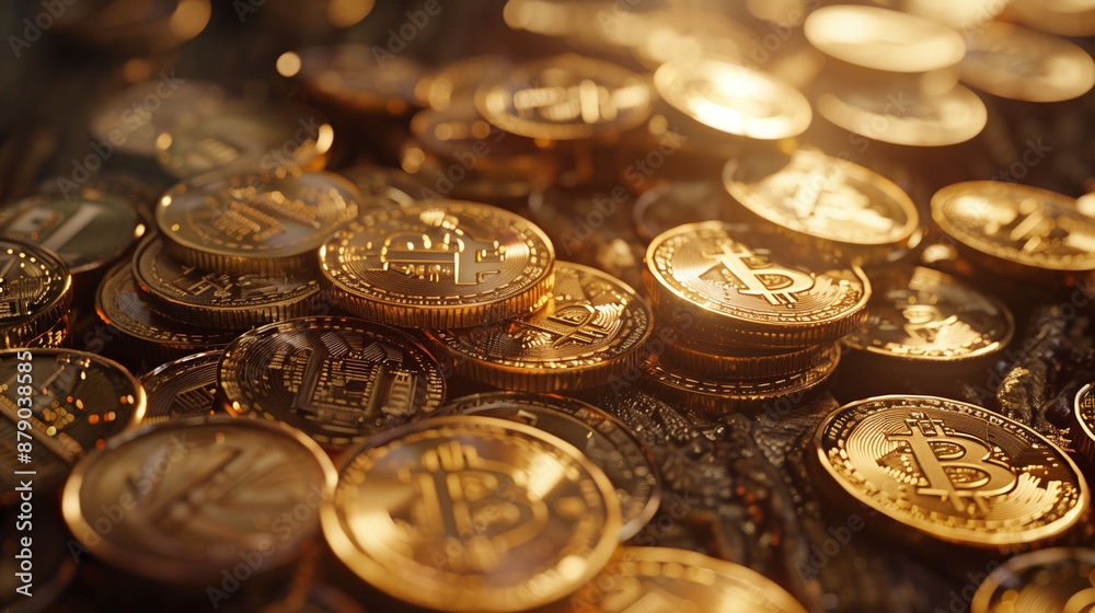 積みあがった輝いてるビットコイン 積みあがった輝いてるビットコイン