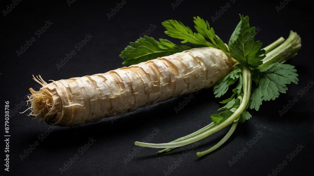 single horseradishherb in a black background