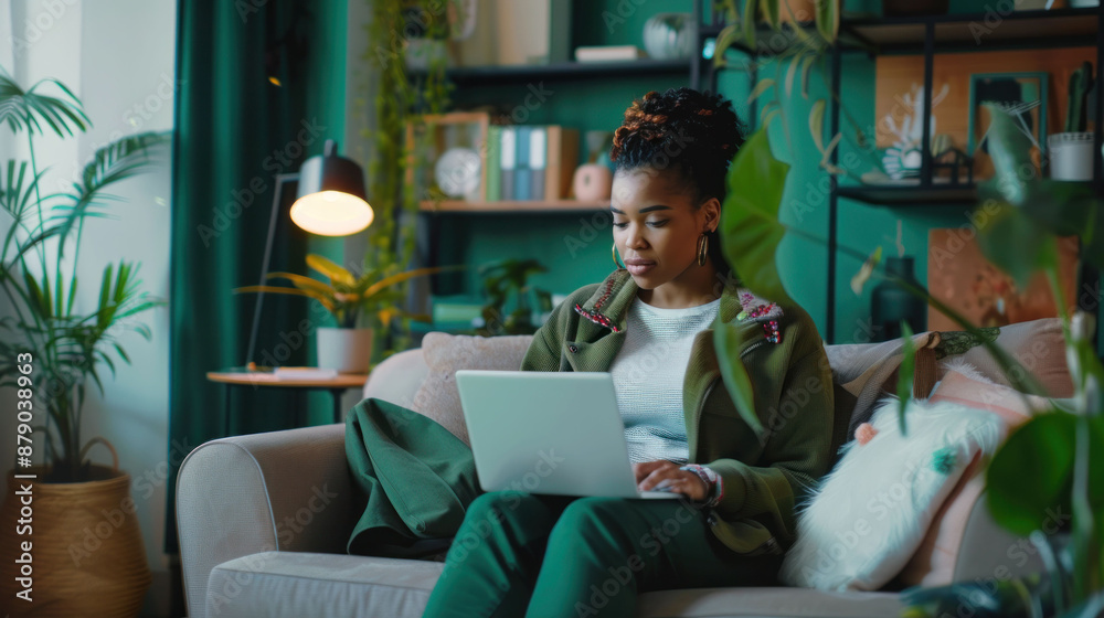 A businesswoman working on a laptop in a cozy home office environment. A businesswoman working on a laptop in a cozy home office environment.