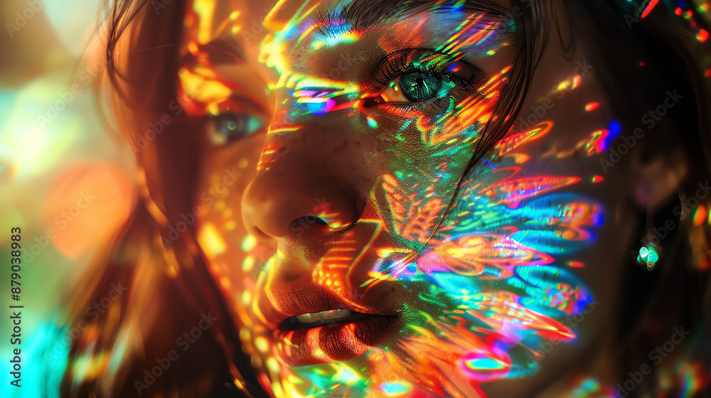 Woman's face lit by colorful lights. Woman's face lit by colorful lights.