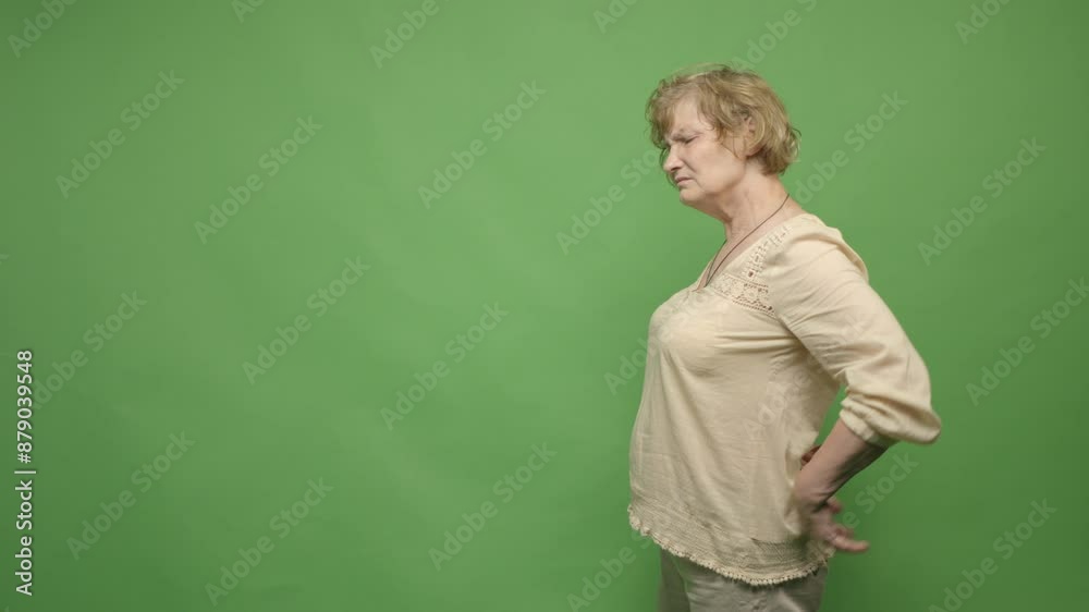 An elderly woman feels sharp back pain while walking An elderly woman feels sharp back pain while walking