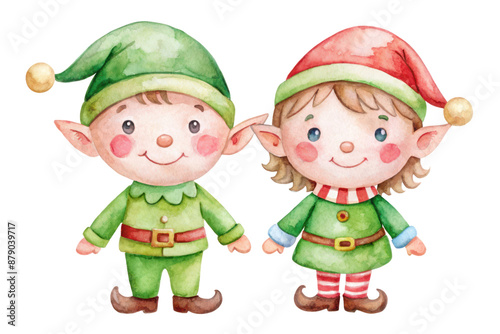 Cute Elf girl and boy. Children dressed as elves on transparent background. Helpers of Santa Claus. New Year Christmas. Card with cute elves. Greeting card, invitation