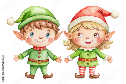 Cute Elf girl and boy. Children dressed as elves on transparent background. Helpers of Santa Claus. New Year Christmas. Card with cute elves. Greeting card, invitation
