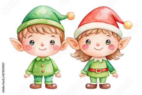 Cute Elf girl and boy. Children dressed as elves on transparent background. Helpers of Santa Claus. New Year Christmas. Card with cute elves. Greeting card, invitation