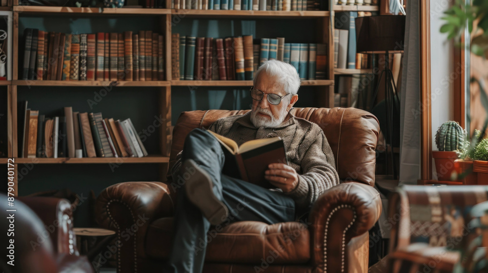 Serene Senior Man Enjoying Reading a Book in Cozy Living Room Serene Senior Man Enjoying Reading a Book in Cozy Living Room