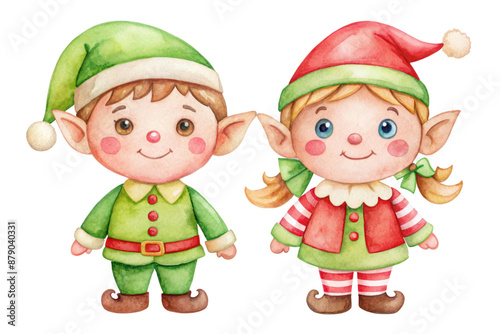 Cute Elf girl and boy. Children dressed as elves on transparent background. Helpers of Santa Claus. New Year Christmas. Card with cute elves. Greeting card, invitation