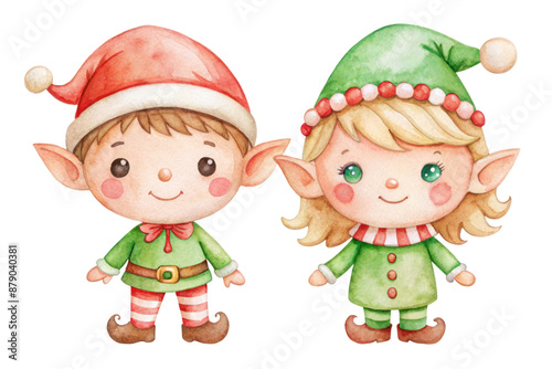 Cute Elf girl and boy. Children dressed as elves on transparent background. Helpers of Santa Claus. New Year Christmas. Card with cute elves. Greeting card, invitation