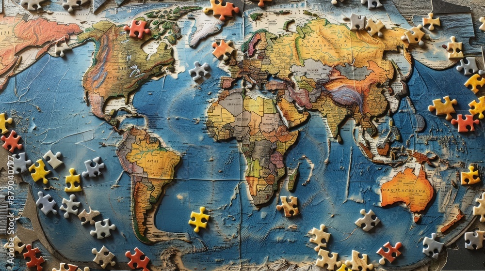 A world map jigsaw puzzle, partially completed, with pieces scattered around showing different parts of the globe A world map jigsaw puzzle, partially completed, with pieces scattered around showing different parts of the globe