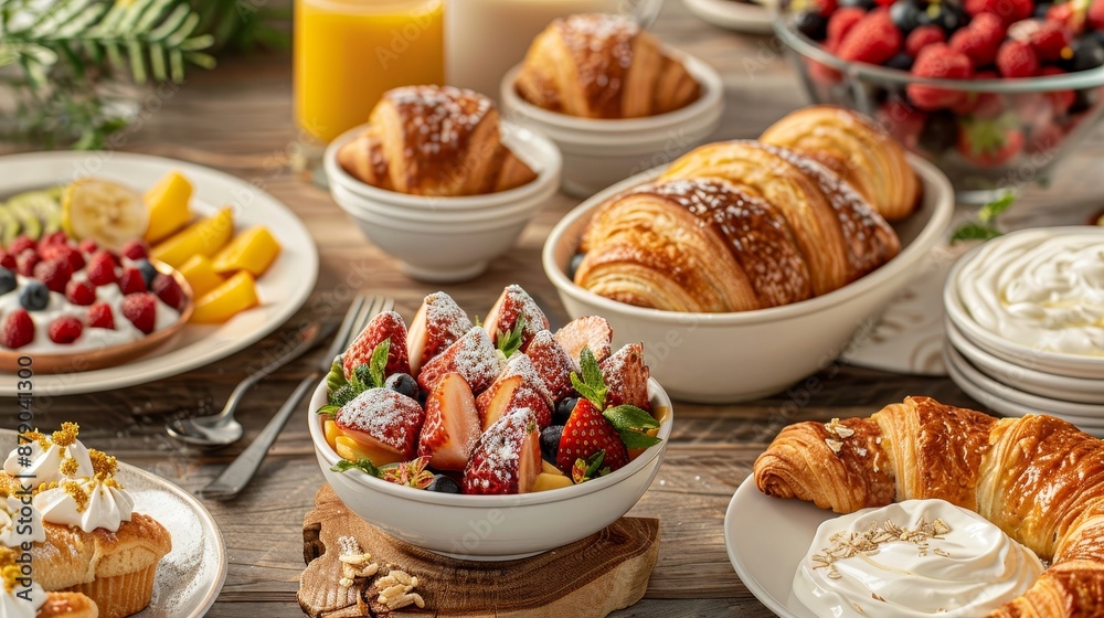 A brunch spread featuring an assortment of croissants, muffins, fruit bowls, yogurt parfaits, and fresh juices, beautifully arranged on a wooden table A brunch spread featuring an assortment of croissants, muffins, fruit bowls, yogurt parfaits, and fresh juices, beautifully arranged on a wooden table