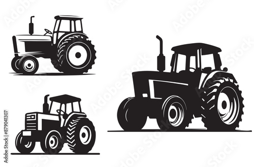 A simple, clean silhouette Set of a tractor with clear lines. white Background