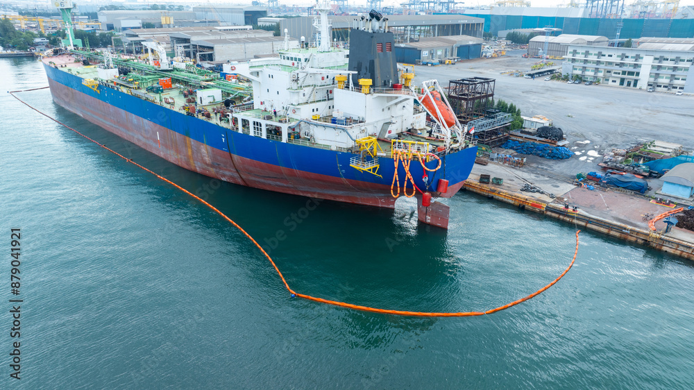 Naklejka premium Oil tanker ship at dry dock concept maintenance service. working at dry dock. Insurance and Maintenance Crude tanker Ship concept. Freight Forwarding Service maintenance Insurance