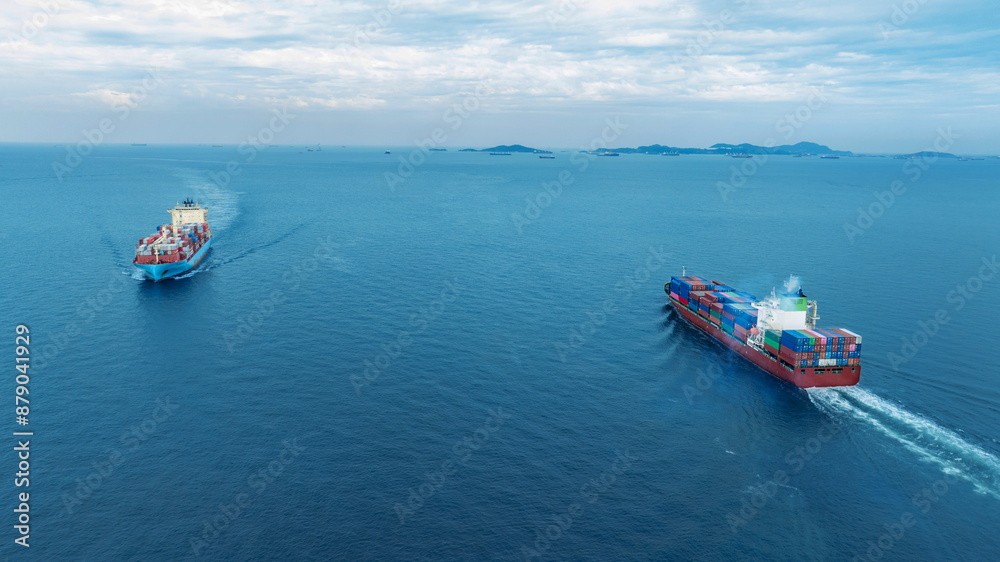 Cargo container ship carrying container and running in the ocean near international container port customs shipyard sea port concept smart logistic service. transportation logistics trading.. Cargo container ship carrying container and running in the ocean near international container port customs shipyard sea port concept smart logistic service. transportation logistics trading..