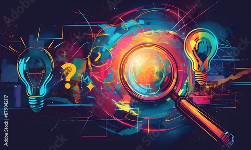 a magnifying glass exploring creative possibilities represented by a glowing light bulb surrounded by abstract shapes and symbols of imagination photo