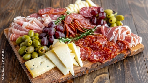 A gourmet charcuterie board with an array of prosciutto, chorizo, and pepperoni, artfully arranged with olives, cheese, and grapes, on a rustic wooden board