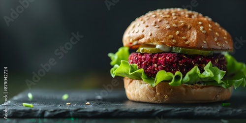 Delicious Vegan Burger Beet Quinoa Patty, Avocado Cashew Cream, Multigrain Bun. Concept Vegan Burger Recipe, Plant-Based Cooking, Healthy Eating, Meatless Meal, Homemade Burger photo