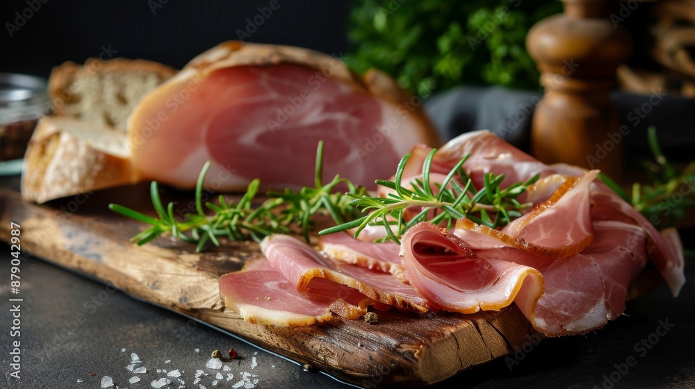 A gourmet presentation of ham arranged on an elegant wooden plank, garnished with herbs and accompanied by artisanal bread, captured in a rustic kitchen setting A gourmet presentation of ham arranged on an elegant wooden plank, garnished with herbs and accompanied by artisanal bread, captured in a rustic kitchen setting