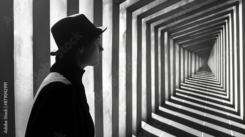 silhouette of a woman in a dress looking down an endless hallway