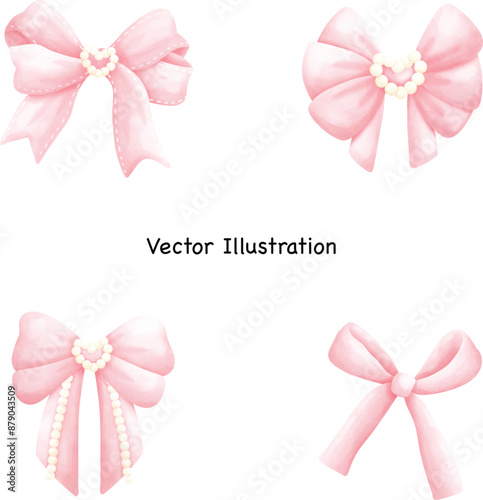 Pink coquette bows Pink ribbon with ​heart pearl Pink bow Ribbon isolated white background Vector Illustration
